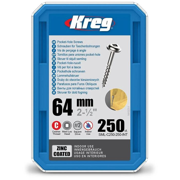 Kreg Pocket Hole Screws - 64mm Coarse/MaxiLoc Head - Zinc - 250 pack