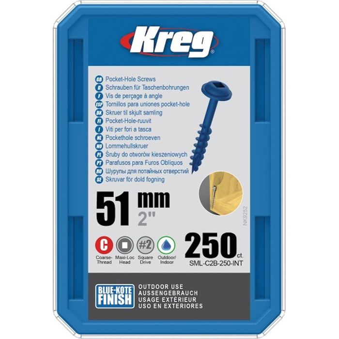 Kreg Pocket Hole Screws - 51mm Coarse/MaxiLoc Head - BlueKote - 250 pack