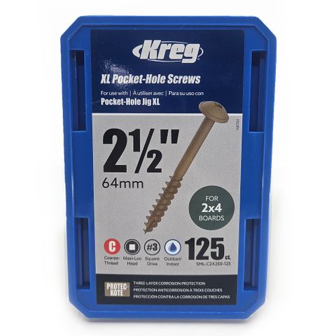 Kreg Pocket Hole Screws - 64mm Coarse/MaxiLoc Head - ProtecKote - 125 pack