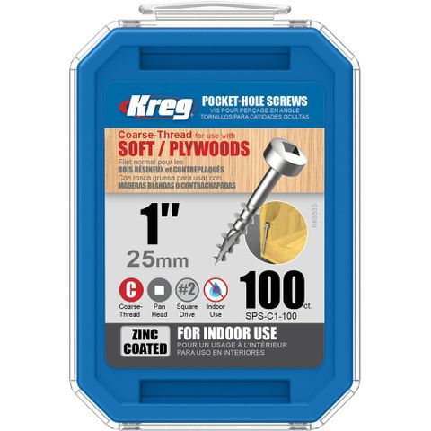 Kreg Pocket Hole Screws - 25mm Coarse/Pan Head - Zinc - 100 pack