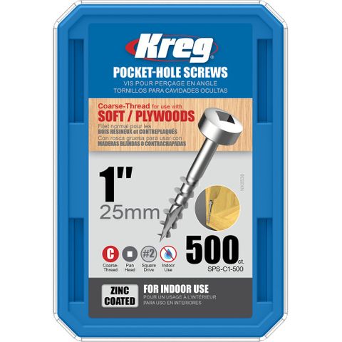 Kreg Pocket Hole Screws - 25mm Coarse/Pan Head - Zinc - 500 pack