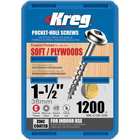 Kreg Pocket Hole Screws - 38mm Coarse/MaxiLoc Head - Zinc - 1200 pack ***