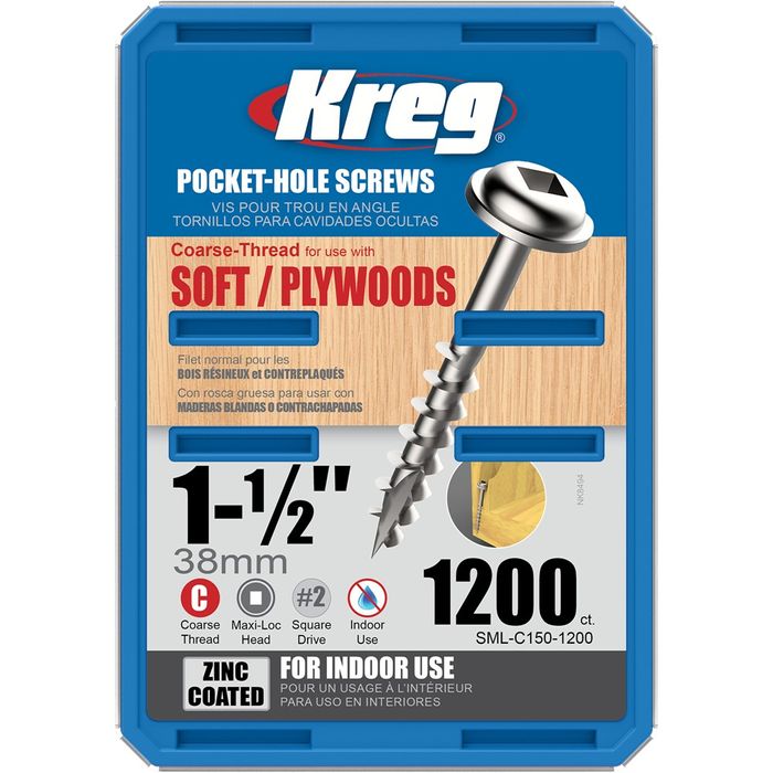 Kreg Pocket Hole Screws - 38mm Coarse/MaxiLoc Head - Zinc - 1200 pack ***