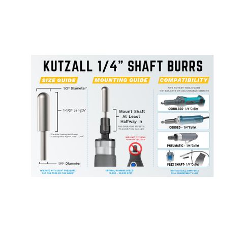Kutzall Ball Nose 6.3mm Diameter 1/4" shaft - Coarse