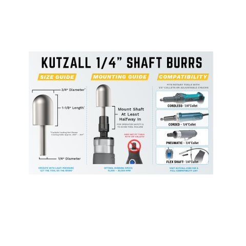 Kutzall Ball Nose 19mm Diameter 1/4" shaft - Coarse