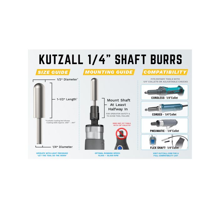Kutzall Ball Nose 13mm Diameter 1/4" shaft - Coarse