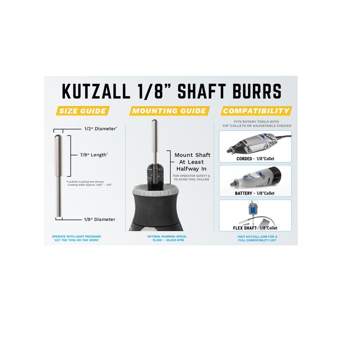 Kutzall Ball Nose 3.1mm Diameter 1/8" shaft - Very Coarse