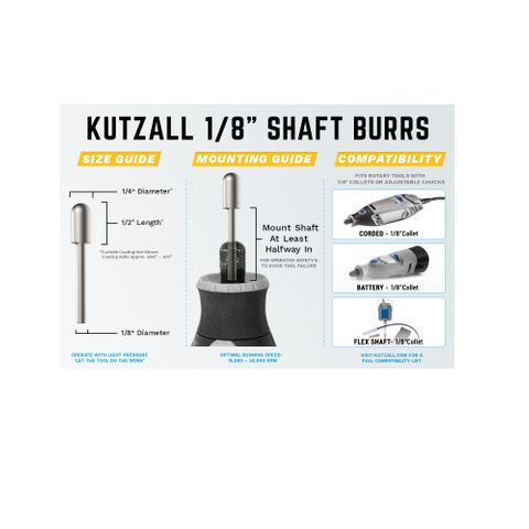 Kutzall Ball Nose 6.3mm Diameter 1/8" shank - Very Coarse