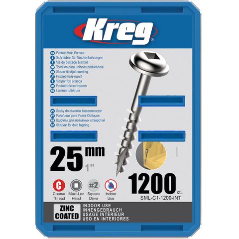 Kreg Pocket Hole Screws - 25mm Coarse/MaxiLoc Head - Zinc - 1200 pack ***