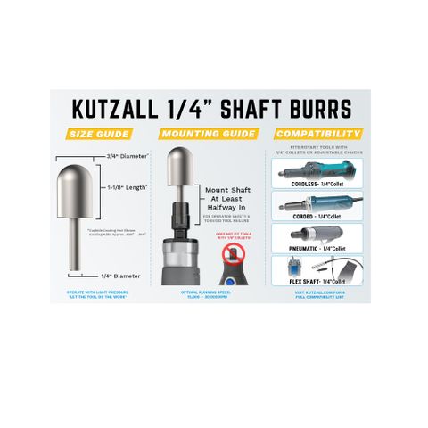 Kutzall Ball Nose 19mm Diameter 1/4" shaft - Very Coarse