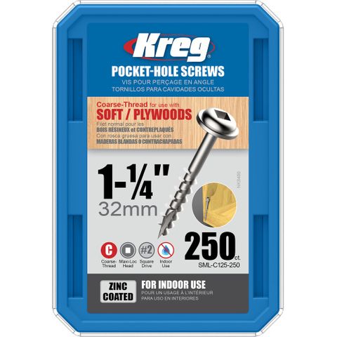 Kreg Pocket Hole Screws - 32mm Coarse/MaxiLoc Head - Zinc - 250 pack