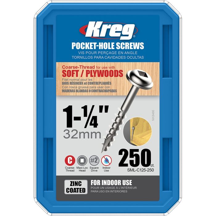 Kreg Pocket Hole Screws - 32mm Coarse/MaxiLoc Head - Zinc - 250 pack