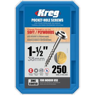 Kreg Pocket Hole Screws - 38mm Coarse/MaxiLoc Head - Zinc - 250 pack