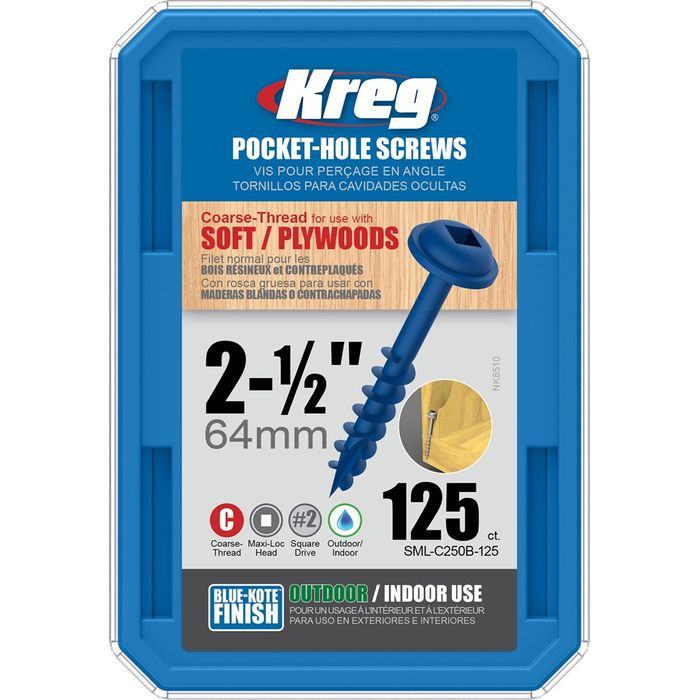Kreg Pocket Hole Screws - 64mm Coarse/MaxiLoc Head - BlueKote - 125 pack #