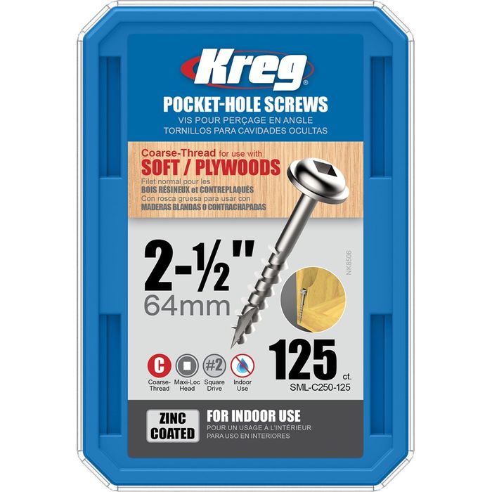 Kreg Pocket Hole Screws - 64mm Coarse/MaxiLoc Head - Zinc - 125 pack #