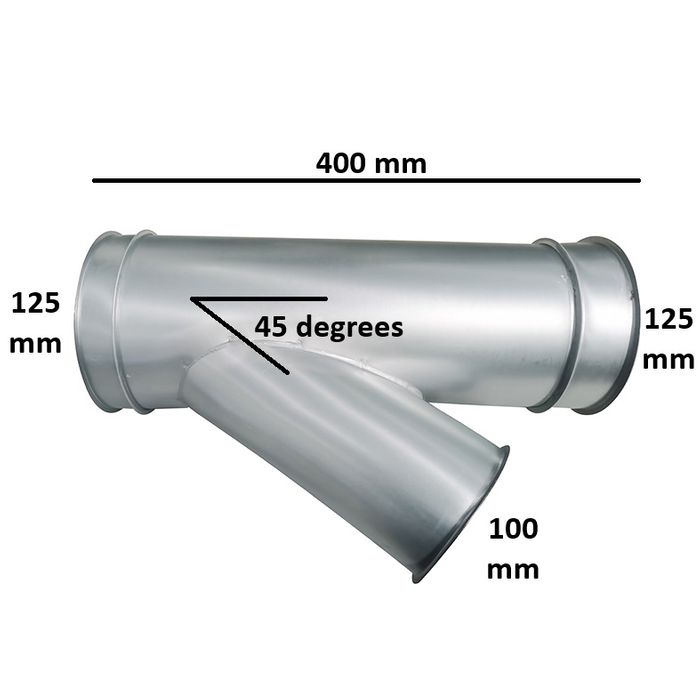 Steel Duct Y with 125mm straight and 100mm branch rolled edge ends