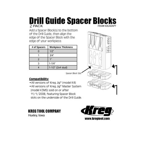 Kreg Drill Guide Block Adaptor (spacer block) ***