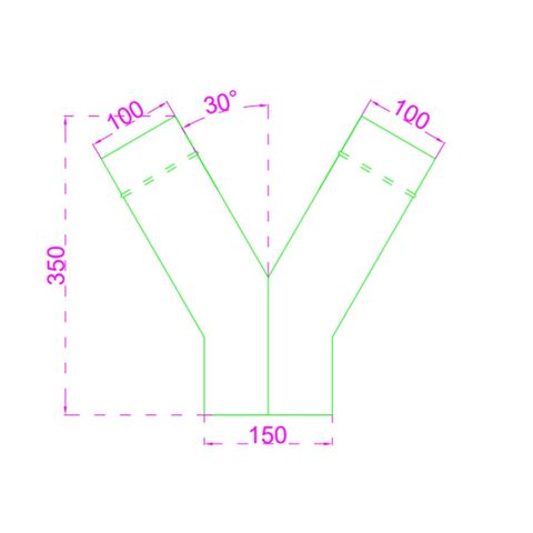 Steel Duct 150mm Y Branch to 2 x 100mm with rolled edge ends