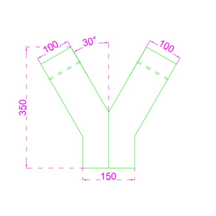 Steel Duct 150mm Y Branch to 2 x 100mm with rolled edge ends