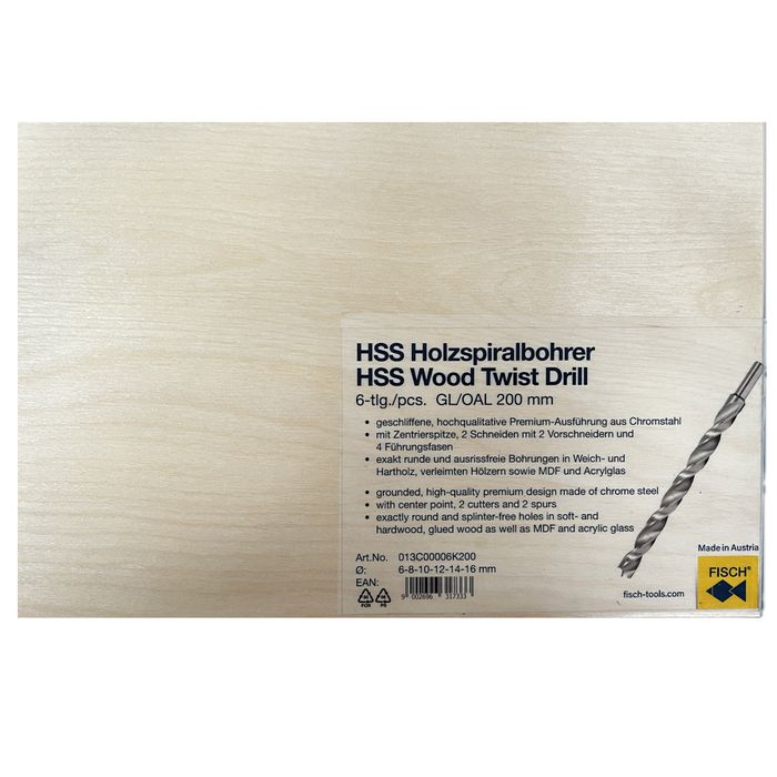 Fisch Wood Twist Drill, 160m long cut, 6 piece set, wood box ^