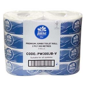 2PLY JUMBO TOILET ROLLS PURE 8 x 300mt