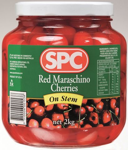 MARASCHINO CHERRIES RED ON STEM GFREE x 2kg (6)