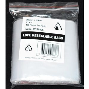 RESEALABLE LDPE BAG 125 x 200mm  50um x 100 (10)