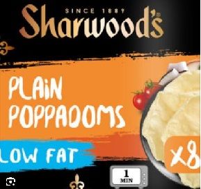 PAPPADUMS PLAIN SHARWOODS LOW FAT x 94g (8)