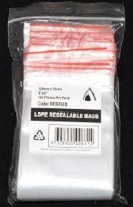 RESEALABLE LDPE BAG 125 x 75mm x 100 (10)