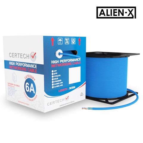 CERTECH 305M Cat6A 10G U/UTP Alien-X (Isolation Wrap) High Performance Solid Cable, Blue LSZH Jacket