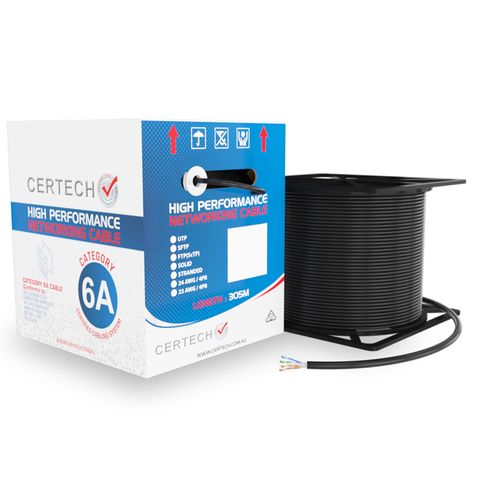 CERTECH 305M Cat6A 10G S/FTP Solid Cable, Black LSZH Jacket