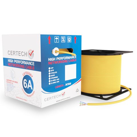 CERTECH 305M Cat6A 10G U/UTP Solid Cable, Yellow LSZH Jacket