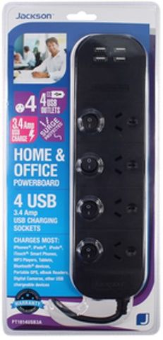 Jackson 4 Outlet Surge & Overload Protected Individually Switched Powerboard with USB Charging Ports