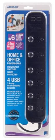 Jackson 6 Outlet Surge & Overload Protected Powerboard with USB Charging Ports