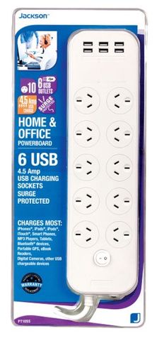 Jackson 10 Outlet Surge & Overload Protected Powerboard with 6 USB Charging Ports