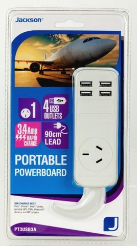 Jackson 1 Outlet Portable Powerboard with 4 USB Charging Ports