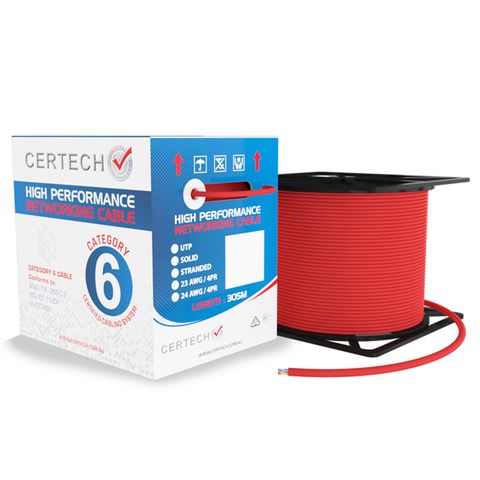 CERTECH 305M Cat6 U/UTP Solid Cable, Red LSZH Jacket