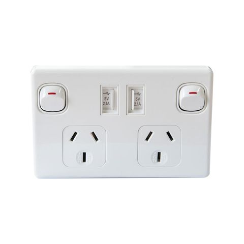 Double Power Point 250V 10A, with 2 x 5V 2.1A USB Ports