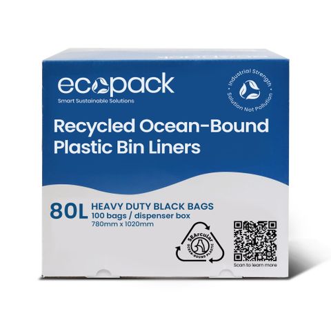 ECOPACK OCEAN-BOUND RECYCLED 80L BLACK RUBBISH BAGS BOX OF 100 - 780 X 1020