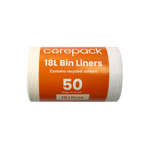 COREPACK RECYCLED PLASTIC 18L WHITE RUBBISH BAGS PACK OF 50 - 480 X