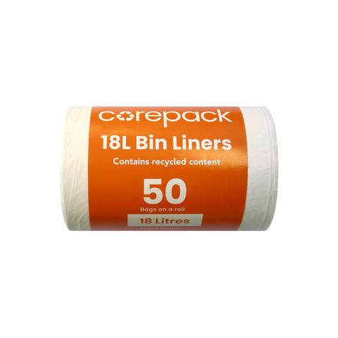 COREPACK RECYCLED PLASTIC 18L WHITE RUBBISH BAGS 50S