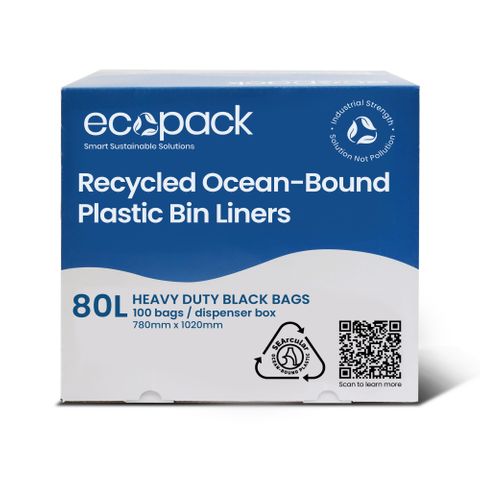 ECOPACK OCEAN-BOUND RECYCLED 80L BLACK RUBBISH BAGS BOX OF 100 - 780 X 1020