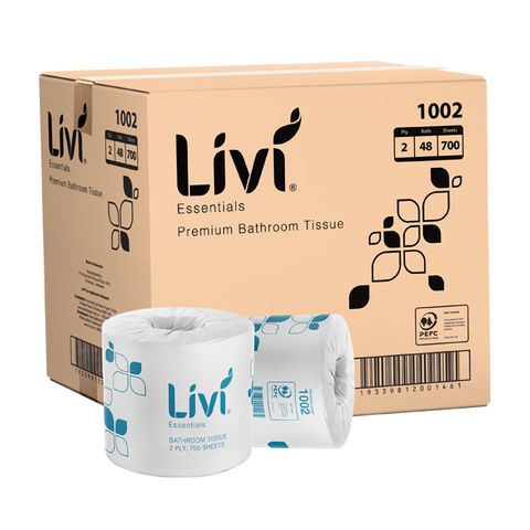 LIVI 1002 ESSENTIALS PREMIUM WHITE 2 PLY WRAPPED TOILET ROLLS 700S X 48