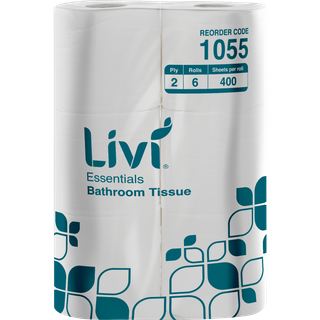 LIVI 1055 ESSENTIALS WHITE 2 PLY UNWRAPPED TOILET ROLLS 400S X 36 (6X6PK)