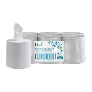 LIVI 3456 ESSENTIALS CENTREFEED WHITE 2 PLY PAPER TOWEL ROLL 180M X 23CM X 6S