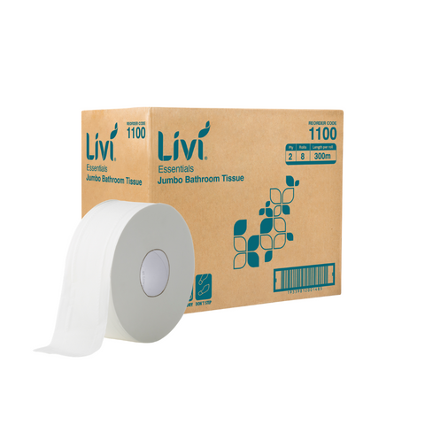 LIVI 1100 ESSENTIALS JUMBO WHITE 2 PLY TOILET ROLLS 300M X 9.5CM X 8S