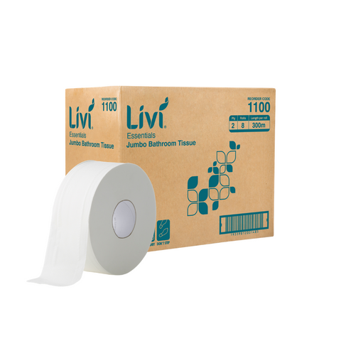 LIVI 1100 ESSENTIALS JUMBO WHITE 2 PLY T/ROLL 300M X 9.5CM X 8S