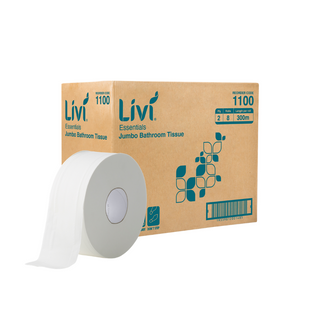 LIVI 1100 ESSENTIALS JUMBO WHITE 2 PLY TOILET ROLLS 300M X 9.5CM X 8S