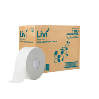 LIVI 1100 ESSENTIALS JUMBO WHITE 2 PLY T/ROLL 300M X 9.5CM X 8S