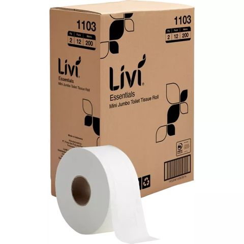 LIVI 1103 ESSENTIALS MINI JUMBO WHITE 2PLY TOILET ROLLS 200M X 12S
